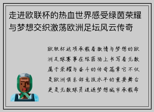 走进欧联杯的热血世界感受绿茵荣耀与梦想交织激荡欧洲足坛风云传奇
